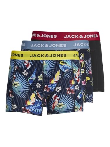 JACK & JONES Herren Jacflower Bird Trunks Pack of 3 Noos Boxershorts, Surf The Web/Detail:Black - Black, XL EU