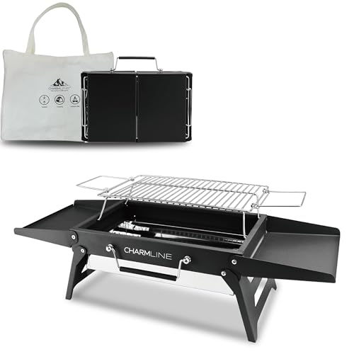 Charmline Tragbarer Holzkohlegrill, Klappbarer Campinggrill 35 x 23 cm für 1–3 Personen, Mini BBQ Grill für Balkon, Garten, Camping, Picknick und Strand, Schwarz
