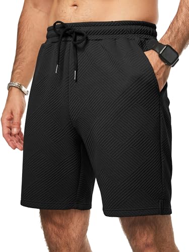 JMIERR Herren Textur Kurze Hosen mit 3 Taschen 2026 Sommer Casual Loose Shorts Elastische Taille Schwarz L