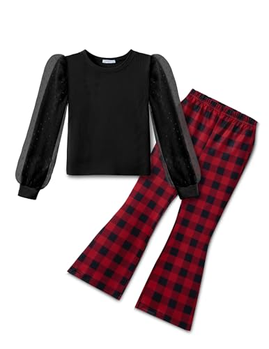 Arshiner Mädchen Langarmshirt Schwarz Rot Karierter Schlaghose Kinder Bekleidungssets Herbst Winter Weihnachts Outfit Mädchenmode 120/6-7 Jahre