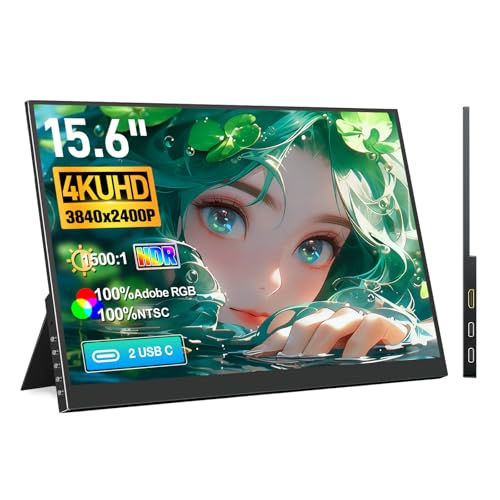 Ueplain 15,6 Zoll 4K UHD 3840 x 2400 Monitor, HDMI 2 USB-C Tragbarer Portable Monitor mit 100% AdobesRGB 1500:1 Kontrast 100% NTSC Display für PC, Laptop, PS5/4, Xbox und Switch, VESA-kompatibel