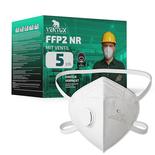 VENTUX SAFETY EQUIPMENT 5 Stuk FFP2 NR Maske mit Ventil || Einzeln Verpackt || Ergonomische Passform || Staubschutzmaske für Arbeit, Bau & DIY