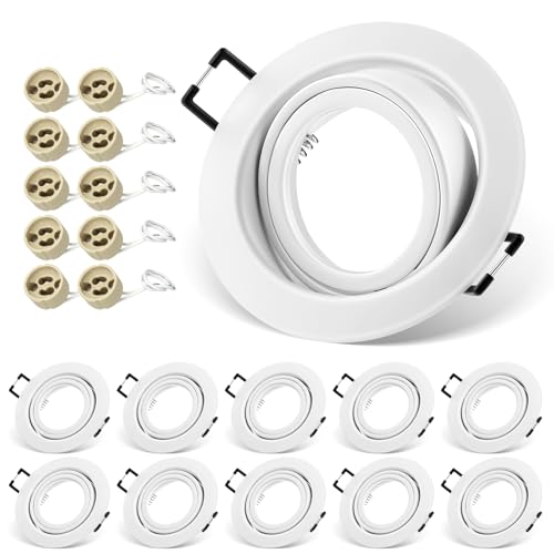 QOJUX Einbaustrahler GU10 Set, 10x Schwenkbar Einbaurahmen 68mm mit GU10 Fassung, LED Spots 230V Rund Flach Deckenspots, Einbauspots Einbauleuchten Rahmen Matt Weiß für LED oder Halogen Lampe