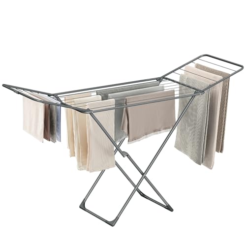 SONGMICS Wäscheständer, Standtrockner klappbar, Flügelwäscheständer, freistehend, für Innen- und Außenbereich, für Bettwäsche und Kleidung, grau LLR540G01