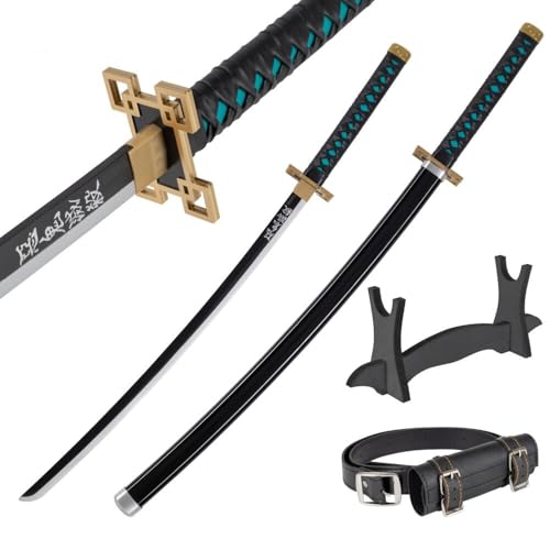 Deko Katana Schwert Holz 77 cm mit Gürtel und Ständer - Cosplay Anime Schwerter für Kostüme und LARP - Damon Slayer Wakizashi Kurzschwert - Holzschwert aus Bambusholz (Nicht Scharf)