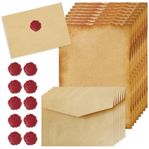 36 Stück Vintage Briefpapier Mit Umschlag Set mit 16 A5 Altes Papier, 10 Vintage-Papier Umschläge,10 Wachssiegel-Aufkleber, Briefpapier Mit Umschlag Vintage, Mittelalterliches Briefpapier, Notizpapier