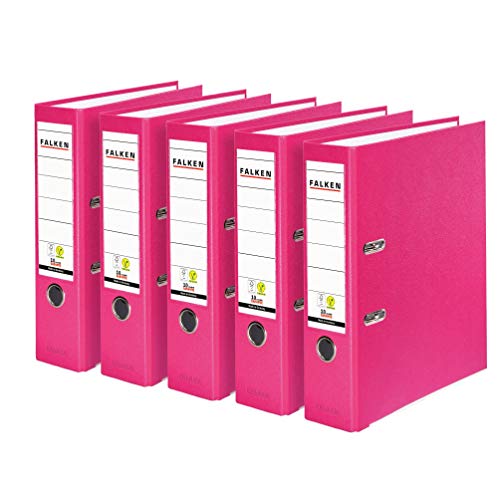 Original Falken 5er Pack PP-Color Kunststoff-Ordner. Made in Germany. 8 cm breit DIN A4 Pastell-Farbe pink Vegan Ringordner Aktenordner Briefordner Büroordner Plastikordner Schlitzordner
