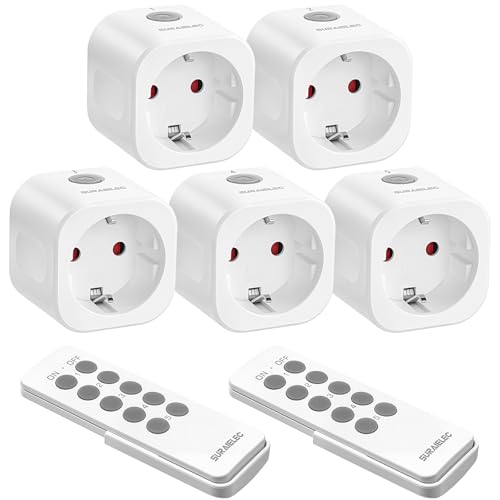 SURAIELEC Funksteckdose mit Fernbedienung, 16A/3680W, Kabelloses Funk Steckdosen-Set für Innen, 30 m Reichweite, Energiesparend, CE & RoHS Zertifiziert, 5 Steckdosen mit 2 Fernbedienungen