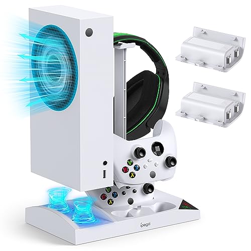 MENEEA Charger Stand with Fan Accessories for Xbox Series S Controller Charging Station and Console with Cooler, Headphone Holder, 2 x 1400mAh Rechargeable Battery (White)