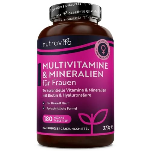 Nutravita Multivitamine & Mineralien für Frauen - 180 Vegane Multivitamin Tabletten - 24 Essentielle Aktive Vitamine & Mineralien mit Hyaluronsäure & Magnesium - Vitamine für Frauen