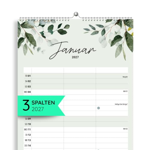 heaven+paper Familienkalender 2027 3 Spalten Green Kalender 2027 (21x42cm) | Wandkalender 2027 mit Feiertagen, Schulferien, KW, Mondphasen - Wandplaner 2027 für 2 bis 3 Personen, made in Germany