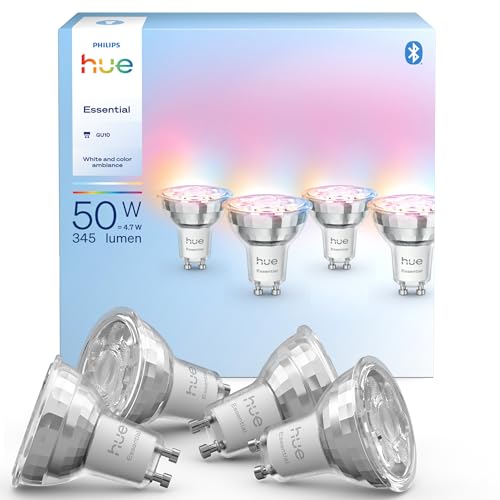 Philips Hue Essential Smart LED GU10 Strahlerlampe, Weiß und Farbig, 4,7 W, 2200K-6500K, 345 Lumen, dimmbar, funktioniert mit Alexa, Google Assistant, und Apple Home, 4 Packung