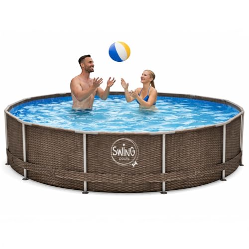 HAF - Swing Frame Pool rund Grau Rattan-Optik (Ø 305 cm, 76 cm tief) - Gartenpool mit 4.500 Liter - Robust, UV-geschützt & korrosionsbeständig - Stabiler Metallrahmen - Schnellaufbau ohne Werkzeug