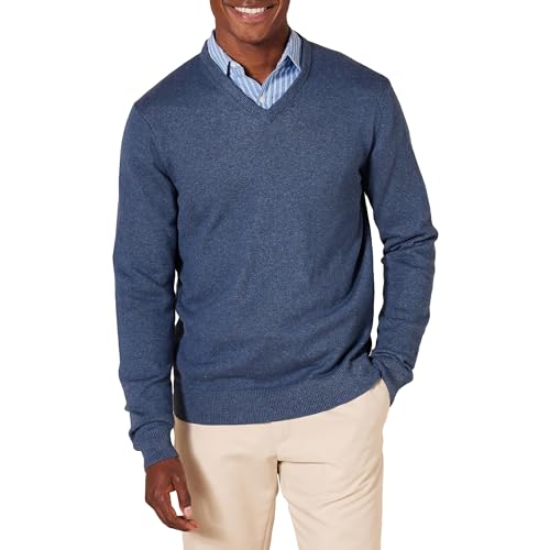 Amazon Essentials Herren V-Ausschnitt Pullover 100% Baumwolle Regular Fit (Erhältlich In Groß und Schwer), Blau Heide, L