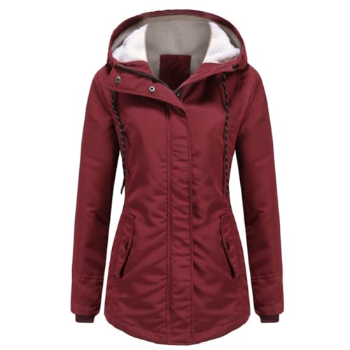 YYNUDA Damen Parka Winterjacke Lang mit Fell Kapuze warm gefüttert Slim Fit Mantel Outdoor Jacke für Winter, Rot, L