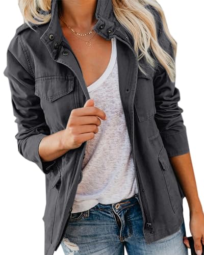 Imily Bela Übergangsjacke Damen Leichte sommerjacke Herbst Stehkragen Jacket Boyfriend Parka Sommerjacke Elegant leichte Jacke Kurzmantel(Dunkelgrau，XL)