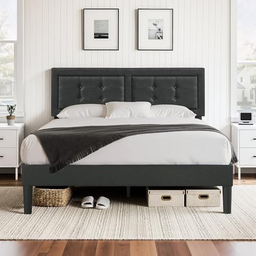 VECELO Polsterbett 140 x 200 cm, Doppelbett mit Höhenverstellbarem Kopfteil, Bett Bettrahmen mit Lattenrost, Gepolstertes Bettgestell Jugendbett für Schlafzimmer Gästezimmer, Dunkelgrau