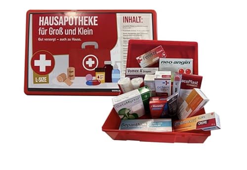 Hausapotheke gefüllt mit Medikamenten - für Groß und Klein - 14-teilig - Alles Wichtige zuhause - L-Size mit Bepanthen, Fenistil, Hydrocort, Gelomyrtol forte, Nasenspray, Neoangin u.v.m