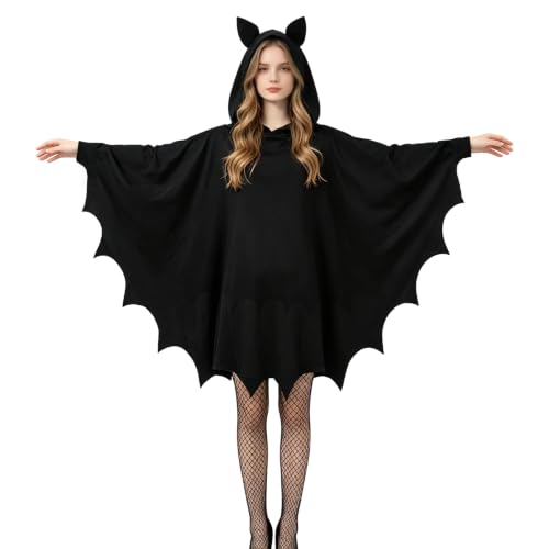 Fledermaus Kostüm Damen mit Kapuze, Fledermauskostüm Halloween Damen Cape
