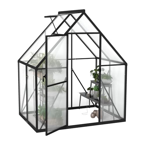 Froadp Gewächshaus aus Aluminium mit Fundament 125x180x195cm Gartengewächshäuser 4mm PC-Hohlkammerplatten Wetterfest Treibhaus, Tomatenhaus mit Fenstern Treibhaus für Garten & Aufzucht