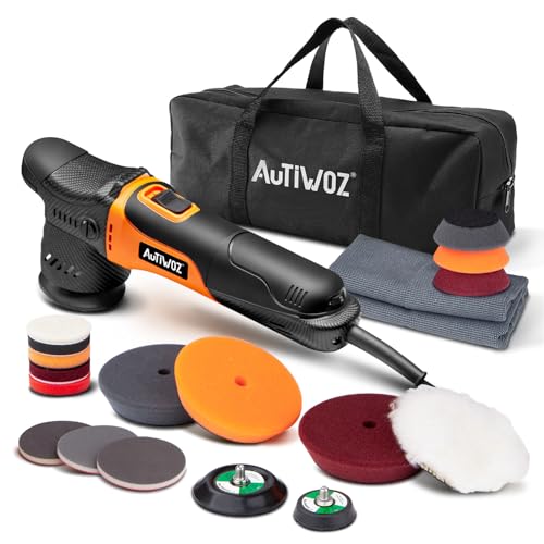 AUTIWOZ W02 630W Exzenter Poliermaschine,Mini Polieren von Auto Scheinwerfern,12mm Orbit Poliur für Details/Gesamte Fahrzeug,50mm/75mm Polier Set,2500-7000RPM,Kratzwaxer Wachsen Schleifen
