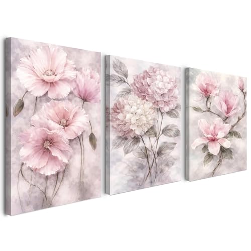3er Set Leinwandbilder mit Rahmen 30x40 cm, Blumen Wandbilder in Rosa Beige, elegante Wanddeko für Wohnzimmer Schlafzimmer Flur, Bilder mit Rahmen mit Klettband und vormontierten Haken (ZSH36)