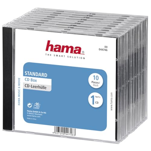 Hama CD-Leerhüllen 10 Stück (Jewel Case für CD/DVD/Blu-ray, Leerbox zur Archivierung, Aufbewahrung, Standard CD-Schutzhülle, Transport-Hülle) transparent-schwarz