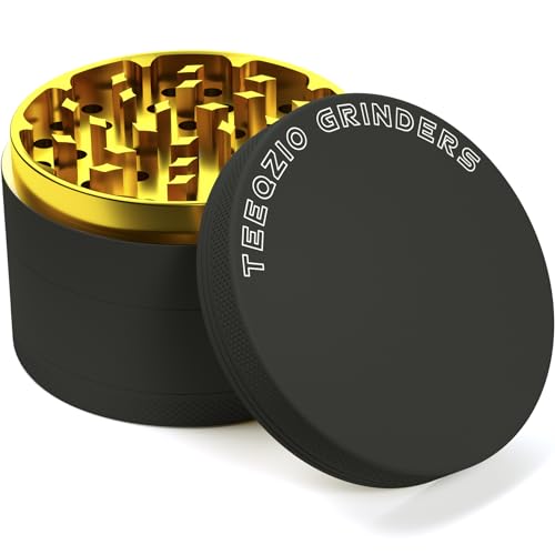 TEEQZIO Pollen Grinder Crusher Ø 75 mm aus Aluminiumlegierung mit 4-Teilig, für Spice, Kräuter, Gewürze, Herb, Kaffee mit Pollen Scraper und Pinsel (Schwarz & Gold)