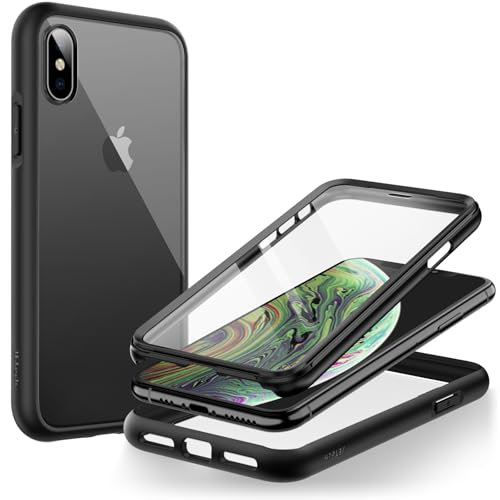 JETech Hülle für iPhone XS und iPhone X 5,8 Zoll mit Eingebautem Schutzfolie Anti-Kratzer, 360 Grad Displayschutz Ganzkörper Robuste Handyhülle Transparente Rückseite (Schwarz)
