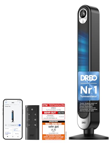 Dreo Smart 20dB DC Motor Turmventilator Leiser, 11M Windentfernung Ventilator mit Fernbedienung,9 Stufen 4 Modi, 90° Oszillierender Standventilator mit Sprachteuerung für Schlafzimmer, 12H Timer