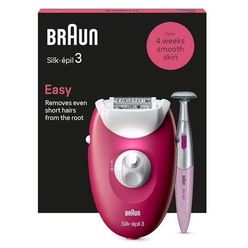 Braun Silk-épil 3 Epilierer Damen für Haarentfernung, Aufsätze für Rasierer, Kabelgebundener Trimmer und Massage für Körper — Inkl. Bikinitrimmer — 3-202, Himbeere