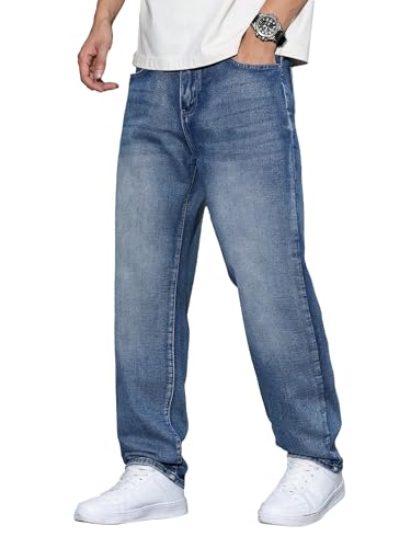 JMIERR Jeans Herren Baggy Baumwolle Weite Jeans Hose Herren Stretch Vintage Loose Fit - Bequeme Streetwear Freizeithosen Blau M