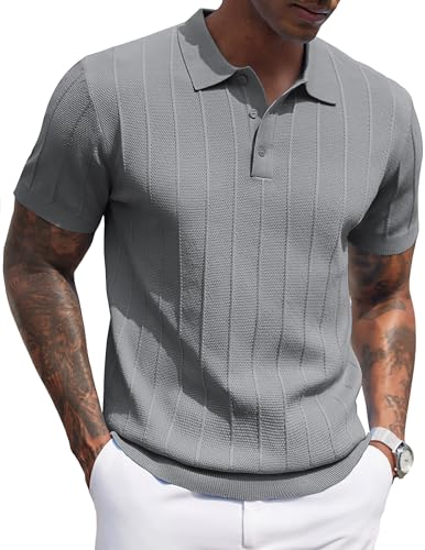COOFANDY Poloshirt Herren Kurzarm Regular Fit Golf Shirt Sommer Polohemd Strick Freizeit Button Down Polo Dunkelgrau L