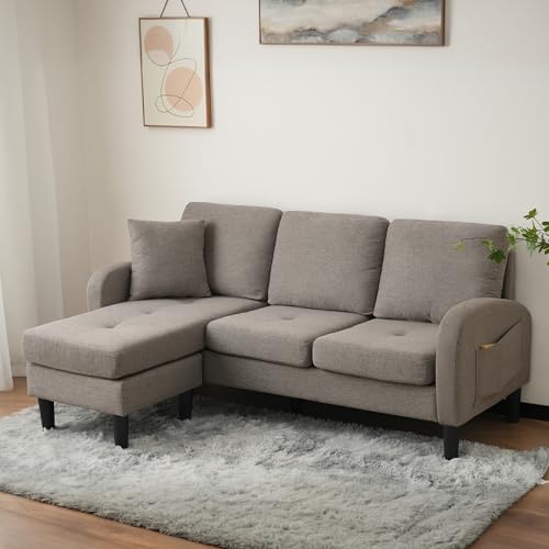 Ecksofa mit Chaiselongue 166 x 118 x 77 cm, 3 Sitzer Sofa in L-Form, Modulares Sofa 160 cm Breit, Couchgarnitur in Leinenoptik, Kleine Sofas für Kleine Räume, Dunkelgrau