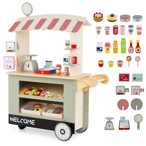 HOMASIS Kaufladen Kaufmannsladen Holz mit 30 Spielzubehör, Verkaufsstand Supermarkt-Set mit 3 Rädern, Lebensmittelwagen mit Kasse, POS & Waage, Verkaufswagen Rollspiel für Kinder ab 3 Jahren (Grün)