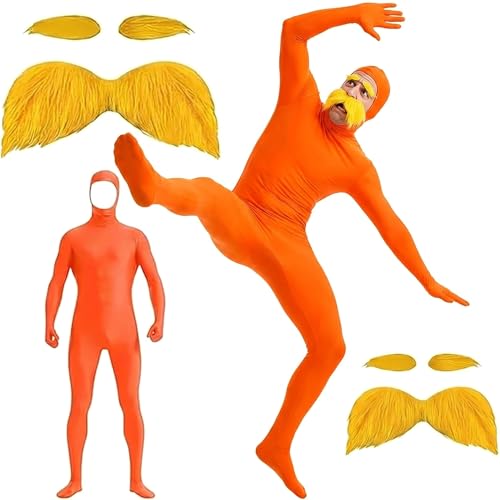 RUITOTP Lorax Cosplay Kostüm Orange, Ganzkörperanzug für Herren Damen, Unisex Open Face Bodysuit mit Schnurrbart, Augenbrauen für Greenscreen