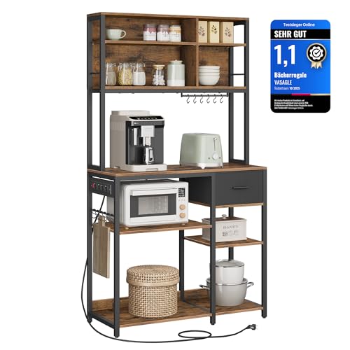 VASAGLE Küchenregal mit Steckdosen, Standregal, 40 x 100 x 180,4 cm, Backregal, verstellbare Ablagen, Stoffschublade, 12 Haken, Küche, vintagebraun-tintenschwarz KKS027K02