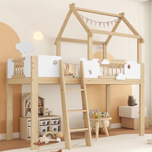 Kinderbett Hausbett 90x200, Hochbett Etagenbett mit Dach&Leiter, Freier Stauraum unter Bett, Holzbett Jugendbett Einzelbett Bettgestell mit Rausfallschutz&Lattenrost, Kiefer, Ohne Matratze, Weiß+Natur