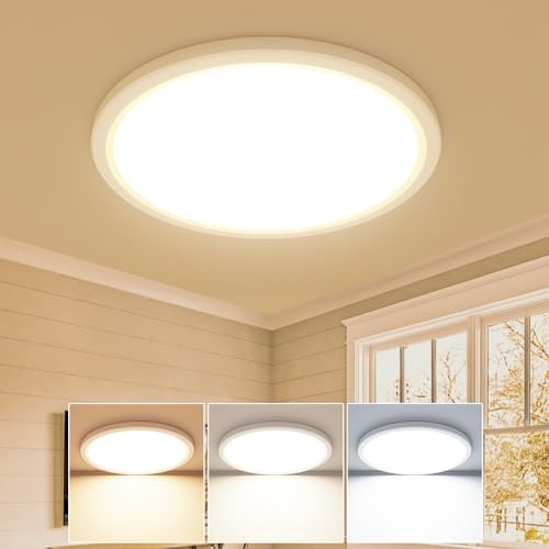 slochi Deckenlampe LED Deckenleuchte Flach 18W, Ø22CM, 3Farben 3000K/4000K/6500K, IP44 Badlampe, 1800LM Modern LED Lampe Decke Küchenlampe für küche Badezimmer Schlafzimmer Flur Wohnzimmer, Weiß