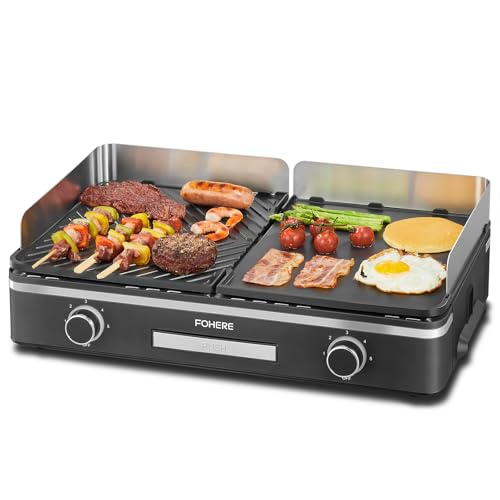 FOHERE Elektrogrill Tischgrill mit 2 Getrennt Regelbaren Grillplatten (Glatt & Gerillt), 2400W Tischgrill Elektrisch Duo-Grill-System, 5-Stufige Temperaturkontrolle (Schwarz)