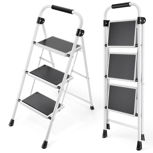 KINGRACK 3 Stufen Leiter, Trittleiter mit Handläufen, Stufenleiter, Klappleiter Tritthocker, Klapptritthocker für Erwachsene mit Griff, Haushaltsleiter Anti-Rutsch-stabilem und breitem Pedal, weiß