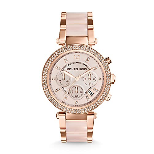 Michael Kors MK5896 Parker Chronograph Uhr Damenuhr Edelstahl 100m Analog Chrono Datum rosé Puder Zirkonia weiß