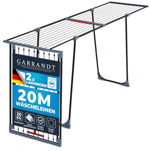 Garrandt Wäscheständer ausziehbar 20m Trockenfläche – XXL Standtrockner klappbar mit Rollen & Klemmen, für 2 Waschladungen, Balkon & Innen