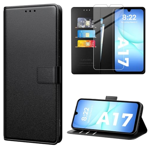 caslord Hülle für Samsung Galaxy A17 4G/5G, Premium PU Leder Handyhülle, RFID-Blockierung Klapphülle [Mit 1 Stück Panzer Schutz Glas] Kompatibel mit Samsung Galaxy A17 4G/5G -Schwarz