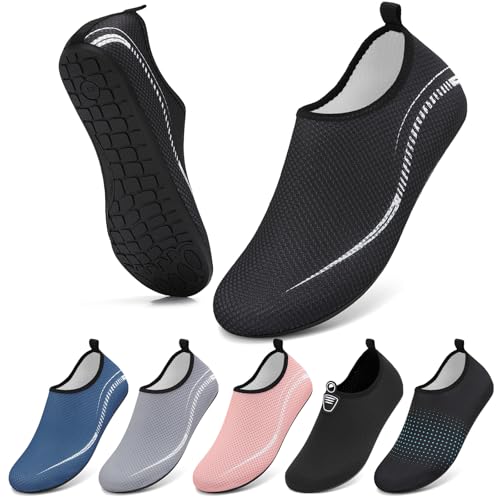 BARFULKER Badeschuhe Wasserschuhe für Damen Herren Kinder Schnell Trocknend Aquaschuhe rutschfeste Strandschuhe Surfschuhe Schwimmschuhe Barfußschuhe Beach Pool Unisex(Linien Schwarz 39 EU)