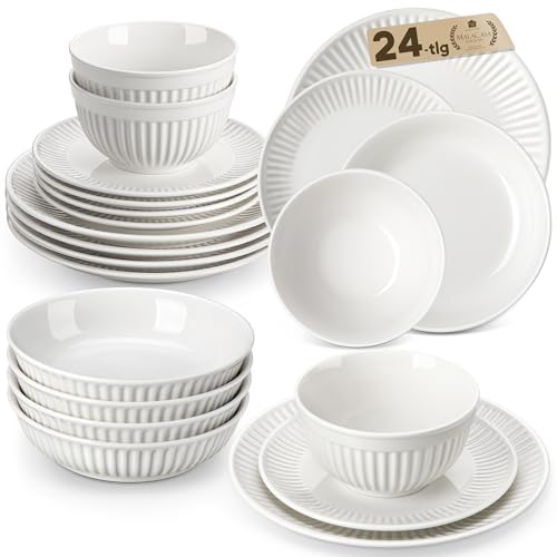 MALACASA Geschirrset 6 Personen, 24-tlg Tafelservice aus Porzellan, Geripptes Strukturiertes Geschirr Set, Skandinavisches Schüssel- und Teller Set, Weiß, Serie LEILA