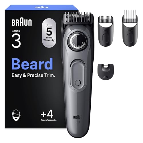 Braun Barttrimmer Series 3, Elektrischer Bartschneider Herren, 4 Zubehörteile, Ultrascharfe Klinge, 50 Min Akkulaufzeit, Kabelloser Bartrasierer, 40 Längen, BT3525, Grau