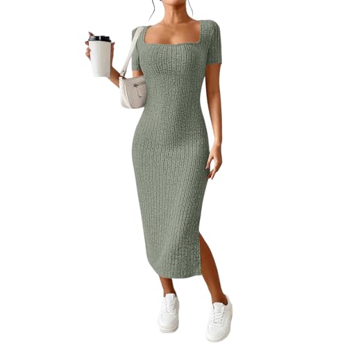 FUPODD Strickkleid Damen Sommer Lang Kleid Mit Schlitz Figurbetontes Midikleid Elegant Sommerkleid Bodycon Rippenstrick Kleider Eng Kurzarm Freizeitkleid Mit Eckigem Ausschnitt Bleistiftkleid Frauen