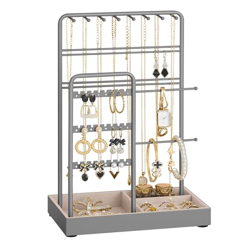 SONGMICS Schmuckständer, Schmuckhalter, Metallrahmen, Schmucktablett Samt, Schmuckaufbewahrung für Halsketten Armbänder Ohrringe Ohrstecker Ringe, Geschenkidee, taubengrau JJS021G01