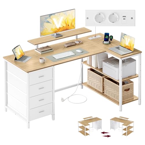 VASAGLE L-förmiger Eckschreibtisch mit Steckdosen, Computertisch, Gaming-Tisch, beidseitig montierbar, verstellbare Ablagen, 4 Schubladen, 2 USB-Anschlüsse, 140 x 80 cm, natureichenfarben LWD172YD01